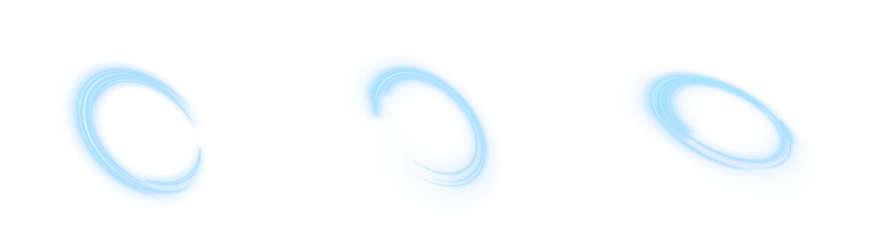 Set of three blue light circular swoosh elements on a transparent background.