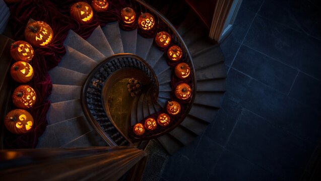 Spiral staircase adorned with glowing jack-o-lanterns and deep red velvet for a mysterious halloween atmosphere