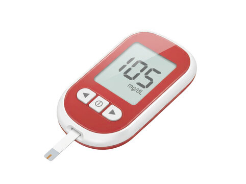 Red digital blood glucose meter checking sugar level