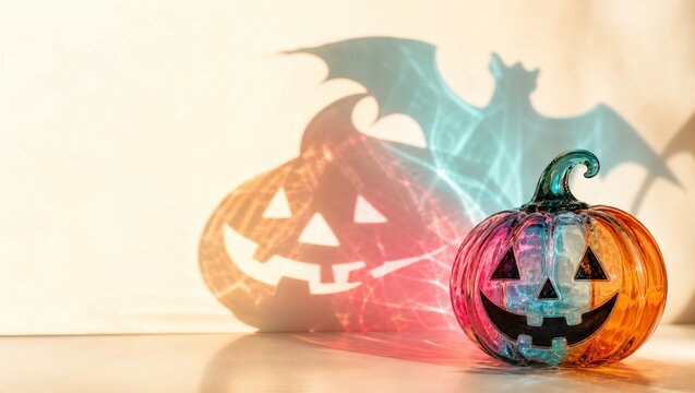 Halloween glass pumpkin jack-o-lantern casting shadow of bat on wall. Translucent decoration for spooky holiday party and festive atmosphere