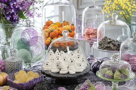 Whimsical Halloween candy buffet with ghost meringues, pumpkin sweets, and colorful treats in cloche jars on a lace tablecloth