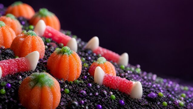 Halloween candy featuring orange pumpkin gummies and red vampire fingers on black sugar. Spooky treat background for holiday celebration