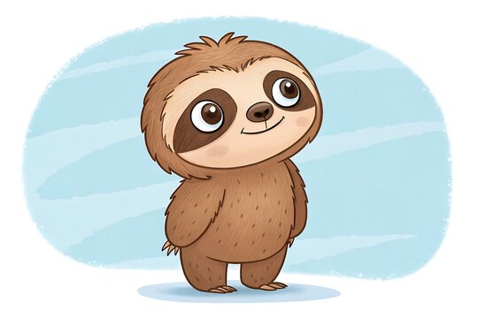 Cute cartoon sloth sitting on a light blue background
