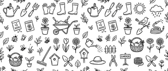 Naklejka premium Hand-drawn Garden Tools and Plants Seamless Pattern