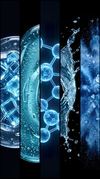 Conceptual split-screen collage showing five different macro textures of hydrating cosmetic ingredients: gel with bubbles, water splash, mist, and 3D molecules. Advanced skincare, dermatology concept