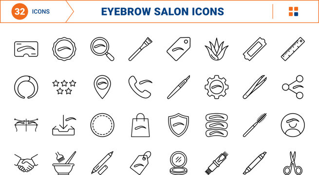Brow bar website kit line icon set. Vector pictograms of eyebrow, salon, microblading, and threading elements, thin linear illustration.