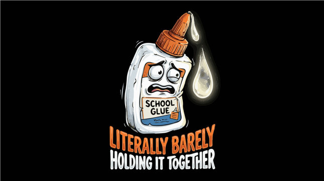 Literally Barely Holding It Together funny stressed school glue bottle vector illustration, humorous back to school and mental health print on demand apparel design