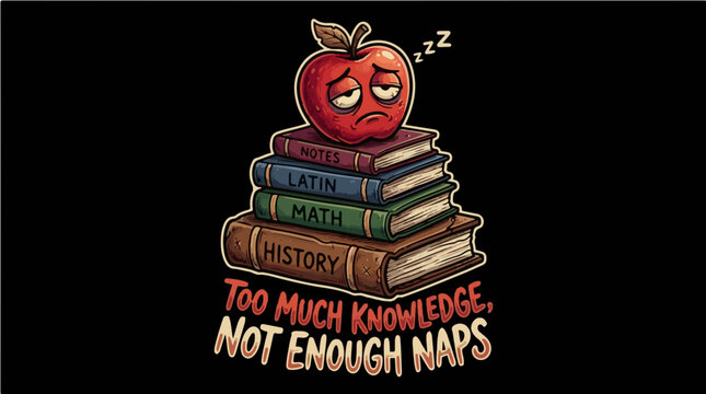 Too Much Knowledge Not Enough Naps funny exhausted apple sleeping on a stack of school books vector illustration, humorous back to school student print on demand design.