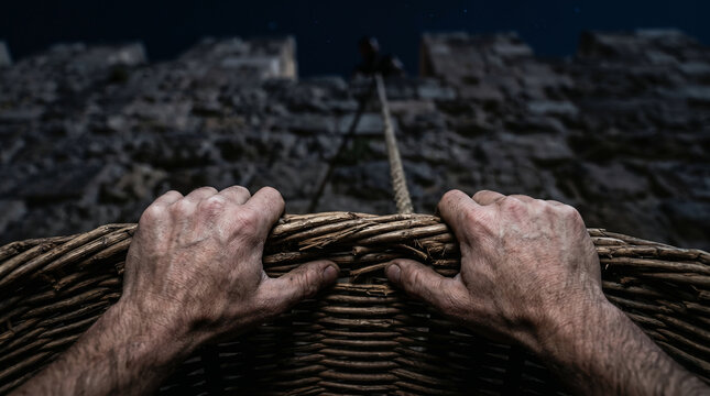 The Apostle Paul escaping assassination in Damascus by being secretly lowered down the outside of the city wall in a large woven basket