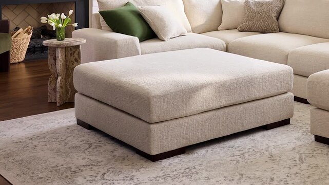 Slow zoom in on a large beige upholstered ottoman in a professionally staged farmhouse living room with warm natural light