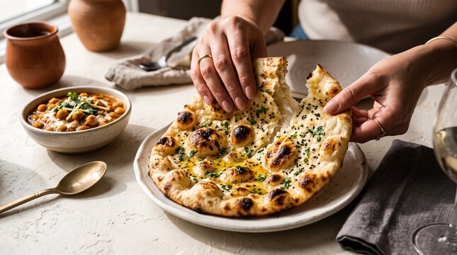 Hands Tearing Fresh Tandoor Butter Naan Next to Chana Masala Curry