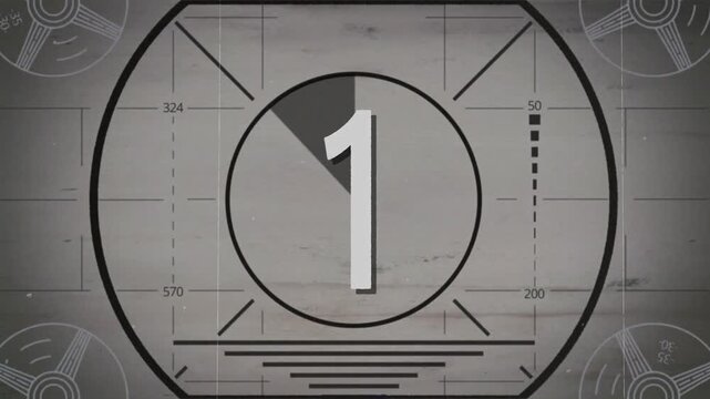 Television countdown leader displays the number one centered within a vintage monochrome broadcast test pattern on a grainy background.