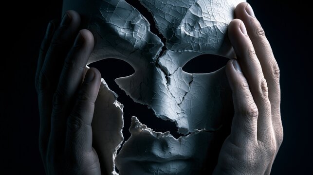 Cracked porcelain mask falling apart in human hands, symbolizing hidden identity, emotional instability and inner psychological struggle