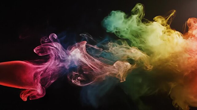 Vibrant colorful smoke swirling in dark background with red green yellow purple hues abstract art