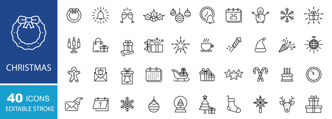 Fototapeta premium Christmas outline icons. Holiday symbol. Xmas icons collection. Fireworks, celebration, champagne, calendar, clock, gift, confetti. Editable stroke