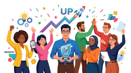 Fototapeta premium Diverse team celebrates success, growth, and innovation with upward chart and rocket.