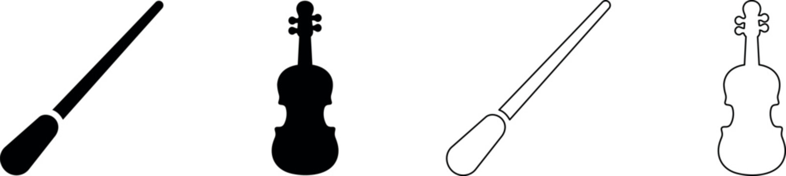 Set of musical instrument icons: conductor's baton and violin silhouettes