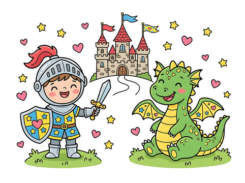 Vector illustration of a young knight holding a sword and shield standing near a friendly dragon and a fairytale castle with fairytale adventure storybook medieval children coloring character