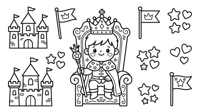 Vector illustration of a coloring page set featuring a little prince on his throne and multiple medieval castles and flags coloring medieval fairytale monochrome children printable illustration