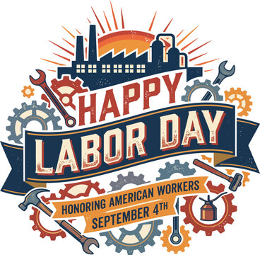 Happy Labor Day Vintage Industrial Poster Honoring American Workers with Factory Gears and Tools Illustration