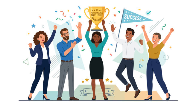 Diverse team celebrates victory, holding trophy and cheering with confetti and success banner