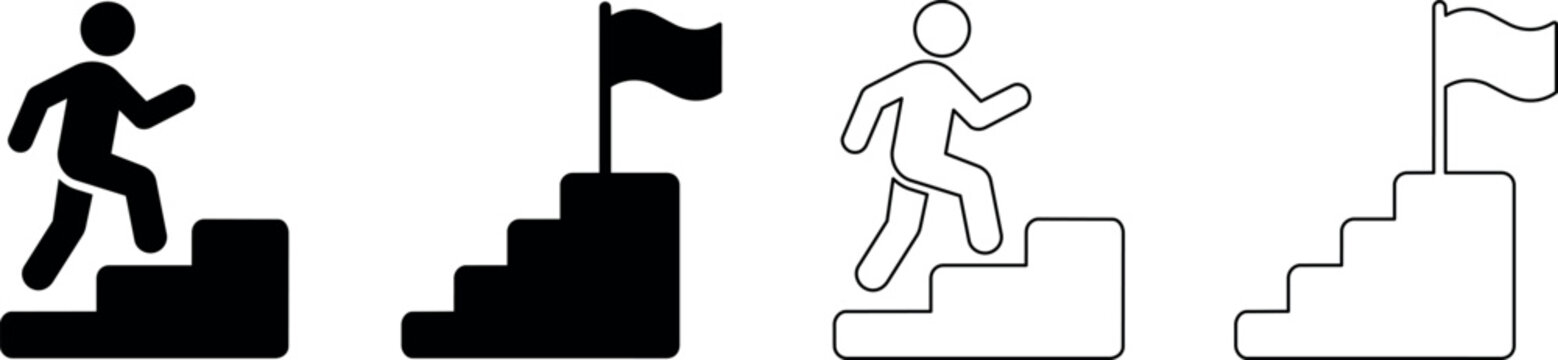 Person climbing stairs towards a flag symbolizing achievement and success