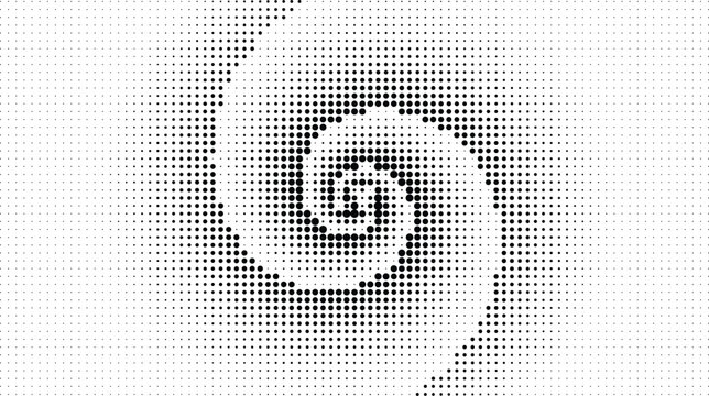 Black and white halftone spiral pattern with circular dots, abstract vortex on a white background, for digital projects