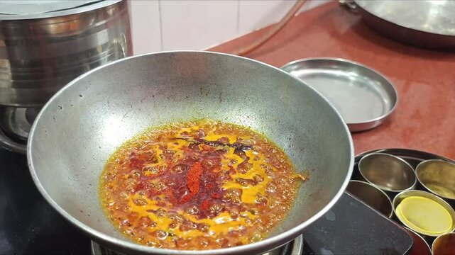 Indian Dal Tadka Cooking Process - Tempering Dal with Spices in Pan
