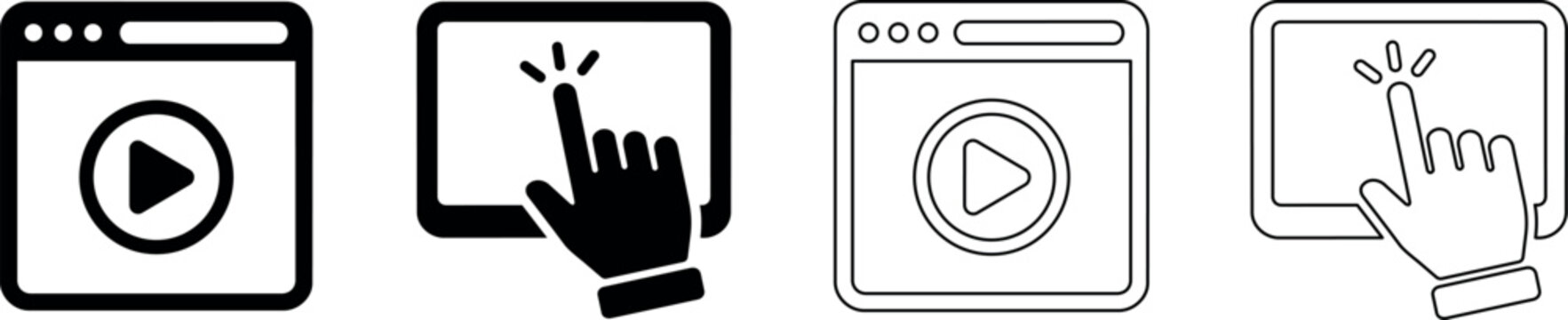 Play button icons on screen and hand cursor clicking on tablet