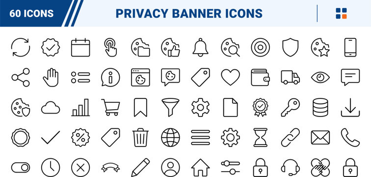 Cookie consent banner kit line icon set. Vector pictograms of privacy, gdpr, management, and settings elements, thin linear illustration.