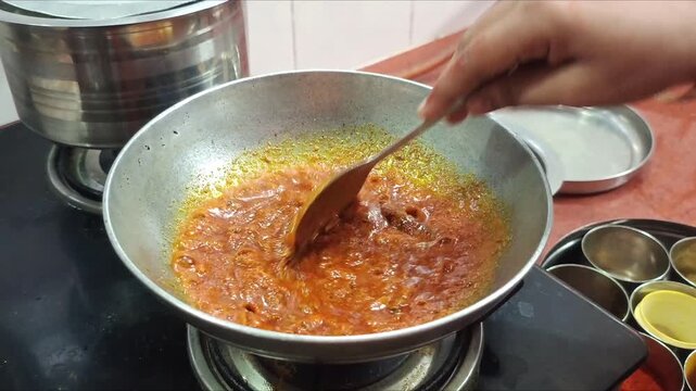 Indian Dal Tadka Cooking Process - Tempering Dal with Spices in Pan