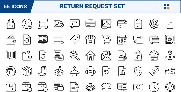 Exchange request line icon set. Vector pictograms of order, item, swap, and return elements, thin linear illustration.