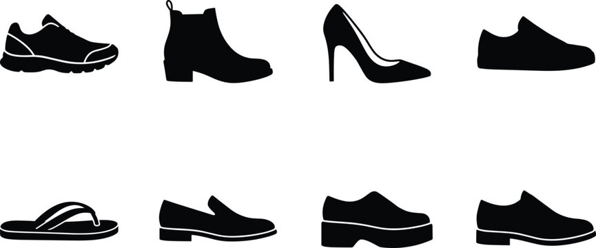Set of footwear icon silhouettes including running sneakers boots high heels flip flops loafers and casual shoes vector illustration