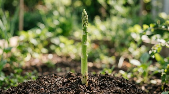 Single Asparagus Spear Growing in Rich Soil Outdoors.