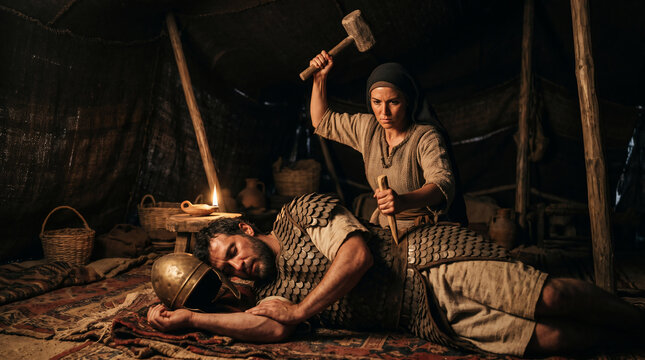 Jael fulfilling prophecy by driving a heavy wooden tent peg through the temple of the sleeping enemy commander, Sisera