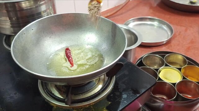 Indian Dal Tadka Cooking Process - Tempering Dal with Spices in Pan