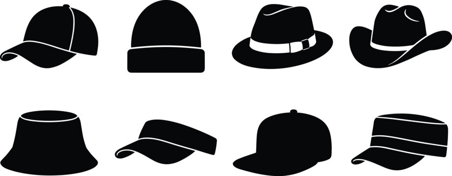 Vector set of headwear silhouettes including baseball cap beanie fedora cowboy hat and bucket hat isolated background
