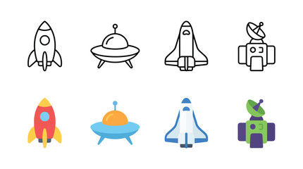 Rocket Ufo Space Shuttle And Satellite Line And Color Icons Silhouette © Ambiya