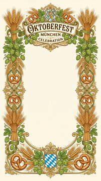 Oktoberfest celebration frame template with pretzels wheat and hops vintage border for Bavarian beer festival menu design