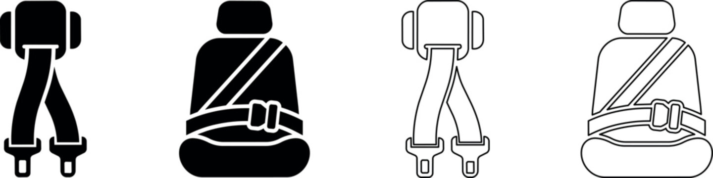 Set of car seat belt icons in black and white outline and solid styles