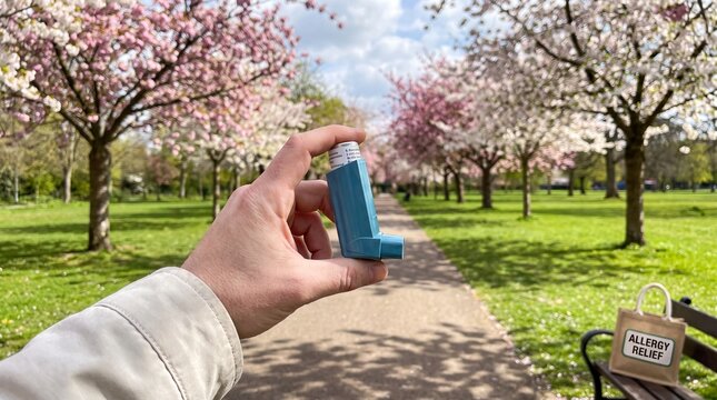 POV of a hand holding a blue asthma inhaler outdoors in a park with blooming spring trees, allergy relief