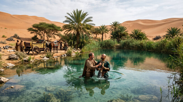 Philip baptizing the Ethiopian eunuch in a desert oasis after explaining the scroll of Isaiah
