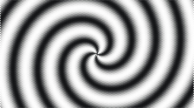 Black and white halftone spiral pattern with radial vortex effect for background, and overlay in, visual composition
