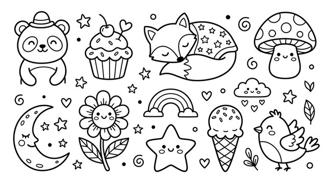 Vector illustration of cute doodle elements including a panda cupcake sleeping fox mushroom moon flower rainbow star ice cream and bird for a coloring page with mushroom coloring collection