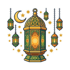 Obraz premium Ramadan Lanterns and Crescent Moon: A traditional Ramadan lantern with intricate patterns glows warmly, surrounded by smaller hanging lanterns, a golden crescent moon, and twinkling stars.