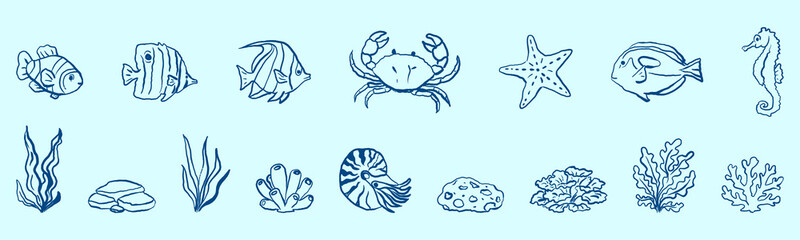Hand drawn outline vector collection of isolated ocean animals and marine elements including tropical fish, crab, seahorse, starfish, corals, seaweed, sponge, nautilus shell and rocks. © Anna B