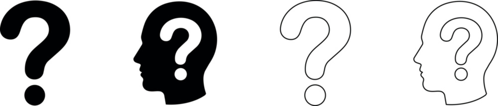 Question mark icons and silhouette of a human head with a question mark inside