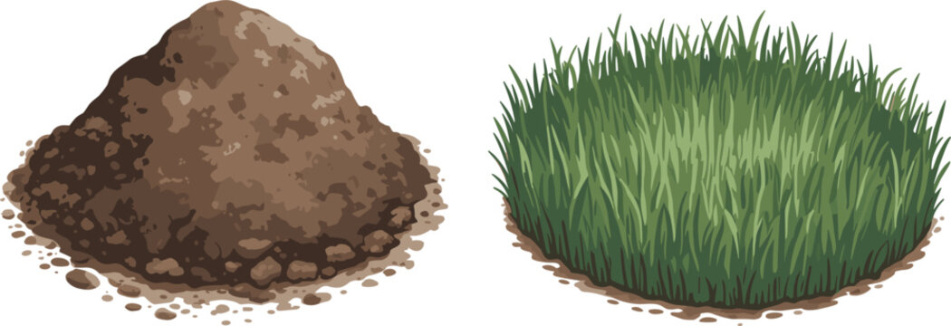 Soil heap and green grass patch vector illustration set, isometric ground texture tiles for game asset design