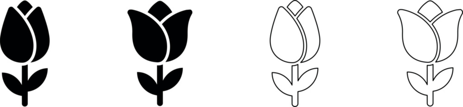 Set of stylized tulip icons in solid black and outline versions