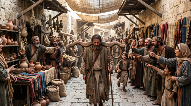 The prophet Jeremiah walking through the crowded streets of Jerusalem wearing a heavy wooden ox yoke around his neck as a dire warning